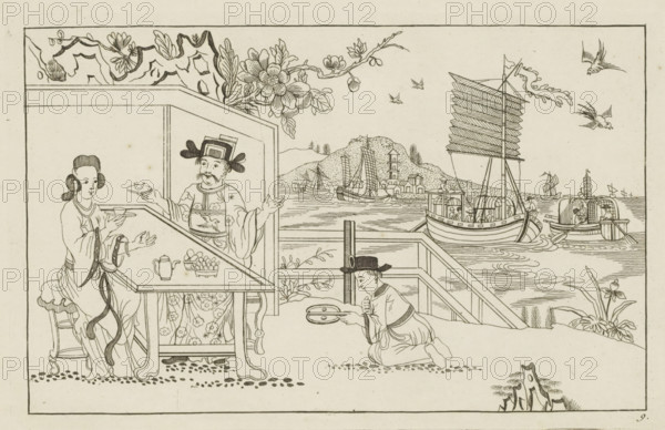 Landscape with a man and a woman drinking tea, Newly invented Chinese, drawn with great difficulty and published, by P: Schenk Jun, first part, print, album page, ornamental print, Series number, 9, 24, Landscape with a man and a woman drinking tea at a table on the left. A kneeling servant on the left. Ships on the water in the background. Print is part of an album., printmaker: Pieter Schenk (II), Amsterdam, 1727 - 1775, paper, etching, height 166 mm x width 261 mm, landscapes in the temperate zone, Chinese, tea-ceremony - CC - out of doors, A line drawing shows a scene with a seated woman and a seated man at a table on a covered porch, the woman holding a small cup and the man extending his hand with a cup toward her; the table holds a small pitcher and a basket of round objects. A kneeling figure in front of the porch holds a pair of round objects on a flat implement while another person peeks from behind a post. Beyond the porch is a waterfront with several sailboats and larger sh...