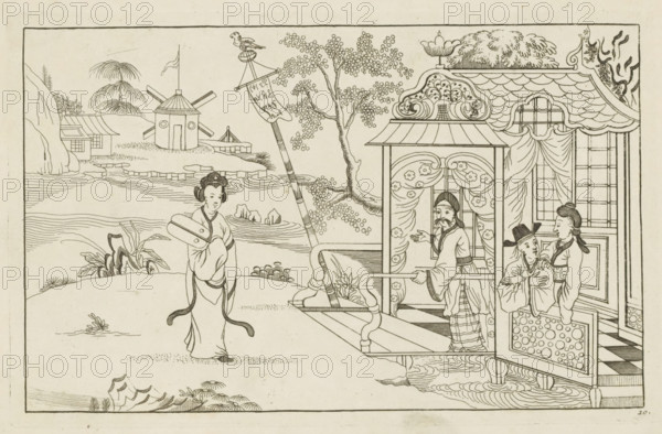 Landscape with a Chinese lady, Newly invented Chinese, drawn with great difficulty and brought to light, by P: Schenk Jun, first part, print, album page, ornamental print, Series number, 10, 24, Chinese lady stands on the left with a fan in her hands in a landscape. On the right, three figures in a building on stilts in the water. Print is part of an album., printmaker: Pieter Schenk (II), Amsterdam, 1727 - 1775, paper, etching, height 167 mm x width 260 mm, Chinese, water course, A monochrome line drawing shows an outdoor scene with a riverside and architectural pavilion. In the foreground a woman in traditional dress stands on a path holding a flat rectangular object against her chest, her hair styled in an updo with side buns and long ribbons hanging from her garment. To the right a covered porch with patterned curtains and floral decorations contains a bearded man wearing layered clothing who gestures outward from the railing, and adjacent to him two figures stand inside a room, on...