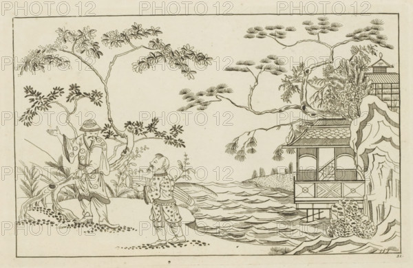 Two Chinese men in a landscape, Newly invented Chinese, drawn with great difficulty and brought to light, by P: Schenk Jun, first part, print, album page, ornamental print, Series number, 11, 24, Left two Chinese men in a landscape. In the middle a river. Right a building. Print is part of an album., printmaker: Pieter Schenk (II), Amsterdam, 1727 - 1775, paper, etching, height 165 mm x width 260 mm, Chinese, water course, A monochrome line drawing shows two figures standing on a shoreline near a body of water, one figure facing forward with an outstretched arm and wearing a patterned robe and a hat, the other viewed from behind holding a cylindrical object and wearing patterned clothing; a twisted tree with leafy branches rises behind them and extends across the scene toward the right, where a multi-level pavilion with a tiled roof stands near the water supported by posts and partially framed by rocky outcrops and dense foliage; stylized waves fill the water, and additional trees and ...
