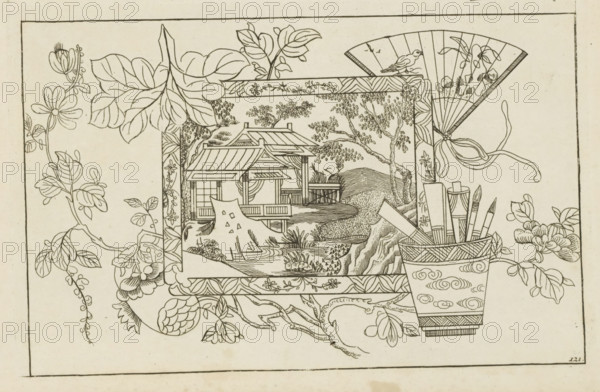 Still life of Chinese objects and scenes, New invented Chinese, drawn with great difficulty and brought into the light, by P: Schenk Jun, first part, print, album page, ornamental print, Series number, 12, 24, Still life of objects and scenes. In the center a painting or (that?) page with a scene of a Chinese landscape. Beside it a holder with writing and drawing implements. Surrounding floral ornaments and in the upper right a fan. Print is part of an album., printmaker: Pieter Schenk (II), Amsterdam, 1727 - 1775, paper, etching, height 170 mm x width 261 mm, Chinese, fan, A rectangular framed drawing shows a stylized landscape with a house featuring sloped roofs, a porch, and lattice windows surrounded by trees and foliage, a rocky mound and a small body of water in the foreground, and decorative floral borders around the frame; to the right of the frame there is a folded fan with a small bird perched on its edge and flowing ribbons, and below the fan a patterned cup holds brushes an...