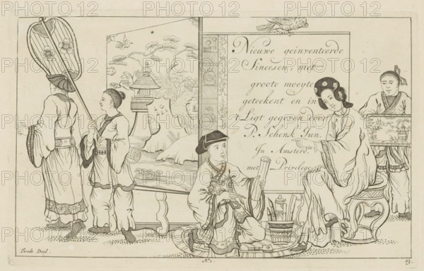 Chinese draftsman and other Chinese figures, New invented Chinese drawn with great difficulty and brought to light, by P. Schenk Jun, second part, print, album page, ornamental print, title page, Series number, 13, 24, A Chinese draftsman is kneeling on the ground with a pen and a roll of paper in his hands. Opposite him sits a Chinese woman on a stool. Numbered at the bottom center: 2. Print is part of an album., printmaker: Pieter Schenk (II), Amsterdam, 1727 - 1775, unknown, grantor of privilege, paper, etching, height 164 mm x width 262 mm, Chinese, tools, implements of draughtsman, A black and white line drawing shows several people in traditional dress arranged around a decorative screen and a framed panel; on the left two standing figures face away and hold a large fan and a pole, one wearing layered robes with patterned cuffs and a sash and the other wearing a simpler robe and hair tied back, both with patterned shoes. In the center a seated person in ornate clothing and a hat ...