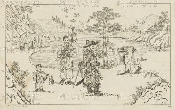 Four Chinese figures in a landscape, New invented Chinese drawn with great difficulty and brought into the light, by P. Schenk Jun, second part, print, album page, ornamental print, Series number, 14, 24, Four Chinese figures in a landscape with water in the background. On the left a child. In the middle two richly dressed Chinese men. On the right a man bowing. Print is part of an album., printmaker: Pieter Schenk (II), Amsterdam, 1727 - 1775, paper, etching, height 165 mm x width 265 mm, landscapes in the temperate zone, Chinese (men), A monochrome line drawing shows a lakeside landscape with rocky shores, rolling hills, and a small pavilion near the water. Several stylized trees and clusters of plants dot the scene, and birds are drawn flying above the distant hills. In the foreground four figures in decorative garments stand or walk on a sandy shoreline; one figure wears a patterned robe and a tall hat and holds a slender staff, another carries an ornate double paddle with floral m...