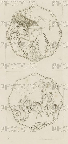 Living in retreat on the Eastern mountain (?), Faithful unto death at Shou-yang, Picturae Sinicae Ac Surattenae, Vasis Tabellisque exhibitae, Admiranda, colligente Petro Schenkio cum privil: Amstelaed: 1702, print, album page, ornamental print, Series number, 4, 12, Print is part of an album., printmaker: Pieter Schenk (I), Amsterdam, after print by anonymous, 1702, after print by, paper, etching, height 270 mm x width 115 mm, Chinese, riding a horse, ass, or mule, rider, horseman, A vertical image divided into two framed scenes, each within an ornate rounded border. The top scene shows a small pavilion with a curved tiled roof perched among rocky cliffs and stylized clouds; two figures are visible inside the pavilion looking outward, and a large round window is set into the pavilion wall. Jagged rock formations and sparse foliage surround the pavilion, and a bare-branched tree extends behind it. The bottom scene depicts a mounted figure holding a parasol above them, accompanied by ano...