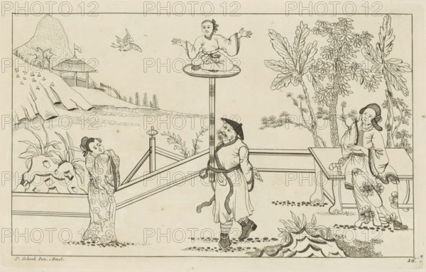Landscape with figure sitting cross-legged on a platform, New invented Chinese figures drawn with great difficulty and brought into the light, by P. Schenk Jun, second part, print, album page, ornamental print, Series number, 16, 24, Chinese landscape, In the center a figure sitting cross-legged on a platform on a pole, tied to a standing man. On either side, Chinese women observe the scene. Print is part of an album., printmaker: Pieter Schenk (II), Amsterdam, 1727 - 1775, paper, etching, height 165 mm x width 262 mm, Chinese, A monochrome line drawing shows a landscape with a mountain and pavilion by water in the background, a bird in flight near the center, and stylized trees and plants along the right side. In the foreground a man wearing a hat and traditional clothing walks while carrying a tall pole balanced on his shoulder that supports a round platform; a seated figure in loose robes sits cross-legged on that platform with arms outstretched. Two women in patterned robes are pre...
