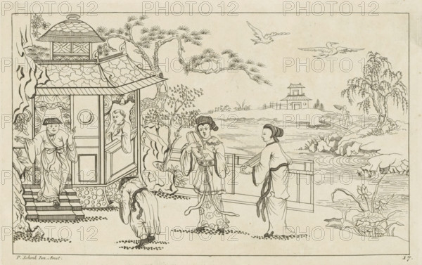 Chinese landscape with figures and a pavilion, Nieuwe geinventeerde Sineesen met groote moeyte geteekent en in 't Ligt geven, door P. Schenk Jun, second part, print, album page, ornamental print, Series number, 17, 24, Chinese landscape with a building on the left with a man on the stairs. A man bows before this man. Two women on the right. Print is part of an album., printmaker: Pieter Schenk (II), Amsterdam, after design by Pieter Schenk (II), publisher: Pieter Schenk (II), c. 1715 - c. 1725, Pieter Schenk (II), printmaker, after design by, publisher, paper, etching, height 167 mm x width 264 mm, landscapes in the temperate zone, Chinese, A black and white line drawing shows a riverside scene with a pavilion on the left featuring a stepped entrance, patterned roof tiles, and decorative panels; a figure stands at the pavilion doorway wearing flowing garments and a flat hat while another figure peers from an interior window. In front of the pavilion a bowed figure faces away, and nearb...
