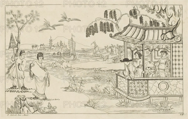 Chinese lady with document in landscape, New invented Chinese drawn and illuminated with great difficulty, by P. Schenk Jun, second part, print, album page, ornamental print, Series number, 18, 24, A Chinese lady stands on the left with a document in her hands in a landscape. Behind her a servant with a parasol. On the right four figures in a building on stilts in the water. In the background ships. Print is part of an album., printmaker: Pieter Schenk (II), Amsterdam, 1727 - 1775, paper, etching, height 164 mm x width 262 mm, Chinese, water course, A wide ink drawing shows a riverside scene with a pavilion on the right featuring an ornate roof, patterned panels, hanging drapery, and figures looking toward the water; a seated child and standing adults appear on the pavilion terrace while another person leans on the railing. In the left foreground a robed woman walks along the shore while a man nearby holds a decorative parasol; trees with spindly leaves frame the shore. In the middle d...