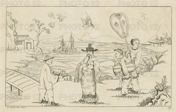 Chinese gentleman receiving tea from a servant in a landscape, New invented Chinese drawn with great difficulty and brought into the light, by P. Schenk Jun, second part, print, album page, ornamental print, Series number, 19, 24, Landscape with a Chinese gentleman being offered tea on a tray by a servant. Behind the gentleman are two women, one with a parasol. In the background, two sailing ships on the water. Print is part of an album., printmaker: Pieter Schenk (II), Amsterdam, 1727 - 1775, paper, etching, height 162 mm x width 261 mm, Chinese, water course, tea-ceremony - CC - out of doors, A line drawing shows a waterside scene with a bridge at the left leading to a shoreline with a small building and rocky trees. Boats with sails float on rippling water in the middle distance beneath a range of low hills. Five birds fly above the water. In the foreground four figures stand on the bank: one wearing patterned robes and a tall hat with facial hair, another facing him holding a tray ...