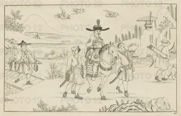 Chinese gentleman on horseback hunting birds, New invented Chinese figures drawn with great difficulty and brought to light, by P. Schenk Jun, second part, print, album page, ornamental print, Series number, 20, 24, Landscape with a Chinese gentleman on horseback, accompanied on either side by a servant. On the right, a hunter proceeds ahead with bow and arrow and a hunting dog. On the left, a man on a bridge with birds of prey on a cagie, a rectangular rack that can be carried to transport birds of prey in the field. Print is part of an album., printmaker: Pieter Schenk (II), Amsterdam, 1727 - 1775, paper, etching, height 167 mm x width 264 mm, Chinese, bird hunting, fowling, fowler, A line drawing shows a procession with a mounted figure wearing an ornate robe and a tall hat, holding reins of a decorated horse; two young attendants walk beside the horse, each wearing simple tunics and holding swords at their sides, one with a ribbon in the hair and another with a short haircut; a man...