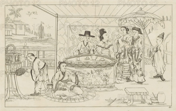 Chinese figures around a tea table, New invented Chinese drawn with great difficulty and brought into the light, by P. Schenk Jun, second part, print, album page, ornamental print, Series number, 21, 24, Four Chinese figures around a table with a tea service. On the right a servant with a parasol. In the foreground a man seated on the ground smoking a pipe. Print is part of an album., printmaker: Pieter Schenk (II), Amsterdam, 1727 - 1775, paper, etching, height 164 mm x width 262 mm, landscapes in the temperate zone, Chinese, tea-ceremony - CC - out of doors, A detailed line drawing shows a group of people in traditional clothing arranged around a central low ornate table with cups and a teapot; a seated woman lounges on a round mat with patterned robes and a pipe, while another figure kneels nearby fanning a brazier emitting smoke. Behind the table, three standing figures in decorated garments cluster together, one holding an instrument and another wearing a broad hat, with a pattern...