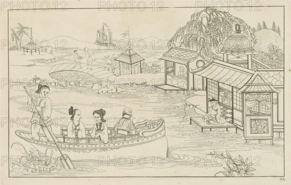 Chinese river landscape with four figures in a boat, New invented Chinese drawn with great difficulty and brought into the light, by P. Schenk Jun, second part, print, album page, ornamental print, Series number, 22, 24, Chinese river landscape with four figures in a boat. On the right, on a jetty, an angler. Print is part of an album., printmaker: Pieter Schenk (II), Amsterdam, 1727 - 1775, paper, etching, height 167 mm x width 265 mm, Chinese, angling, rowing-boat, canoe, river, A detailed ink line drawing shows a riverside scene with a wooden boat carrying several seated figures and a standing person using a long pole, ornate hull decoration visible along the boat's side; nearby water plants and a paddle rest in the water. Along the shore there are stilted pavilions and a covered dock with a seated figure holding a pole, decorative roof tiles and lattice panels on the buildings, and a small enclosed structure with patterned panels. In the background a willow tree with drooping branc...