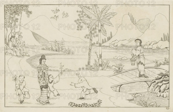 Chinese landscape with playing children, New invented Chinese drawn with great difficulty and published, by P. Schenk Jun, second part, print, album page, ornamental print, Series number, 23, 24, Chinese landscape with a woman and three playing children. On the right a woman on a bridge. Print is part of an album., printmaker: Pieter Schenk (II), Amsterdam, 1727 - 1775, paper, etching, height 168 mm x width 265 mm, landscapes in the temperate zone, Chinese, children's games and plays, landscape with bridge, viaduct or aqueduct, A wide ink drawing shows a river landscape with distant rounded mountains and rocky shorelines, framed by trees and plants including a tall palm-like tree near the center; a boat rests partially on the shore at the lower right beside a stone outcropping and rippling water; along the riverbank a standing woman holds a basket and looks toward the scene while a group of children and a woman in patterned robes occupy the foreground, with one child holding a flower a...