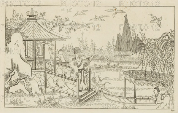 Chinese gentleman on a jetty by the water, New invented Chinese figures drawn with great difficulty and brought to light, by P. Schenk Jun, second part, print, album page, ornamental print, Series number, 24, A Chinese gentleman stands on a jetty in front of a pavilion by the water. A boat with a canopy is approaching from the right. Print is part of an album., printmaker: Pieter Schenk (II), Amsterdam, 1727 - 1775, paper, etching, height 163 mm x width 261 mm, landscapes in the temperate zone, Chinese, rowing-boat, canoe, A detailed ink drawing shows a riverside pavilion with a domed roof and floral curtains, connected by a short staircase and balustrade to a dock where a robed man with a tall hat stands gesturing toward the water; another figure sits inside the pavilion looking outward. A covered boat with a patterned canopy holds a seated person near the shore while a standing figure waits on the bank. Ducks swim in the water and birds fly overhead. Rocky outcrops and stylized plant...