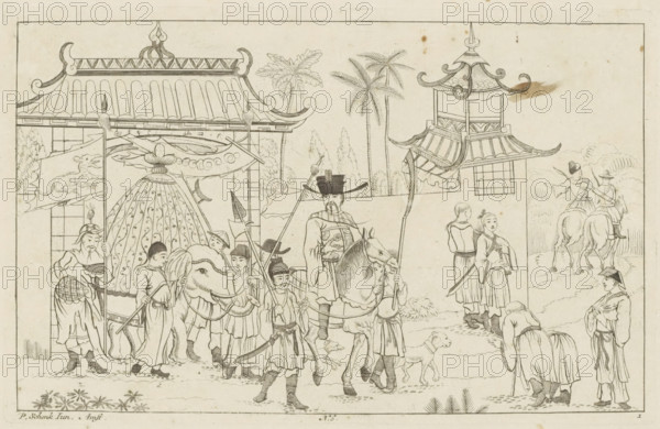 Chinese prince proceeds in procession through a gate, Chinese hunting scenes, Newly invented Chinese, drawn with great difficulty and published, by P: Schenk Jun, third part, print, album page, ornamental print, Series number, 1, 12, A Chinese prince or lord proceeds on horseback in procession through a gate. An elephant is being led behind him. On the right, people bow before the man on horseback. Numbered at the bottom center: 6. Print is part of an album., printmaker: Pieter Schenk (II), Amsterdam, 1727 - 1775, paper, etching, height 162 mm x width 255 mm, Chinese, trunked animals: elephant, triumphal entry and public reception, pageant, 'entrée solennelle', 'joyeuse entrée', A detailed black and white line drawing shows a procession scene with ornate pagoda-style roofs and decorative banners at the top, palm-like trees rising behind them, and a group of people and animals in the foreground. Several figures wear traditional robes and hats, some carrying long poles with small flags o...