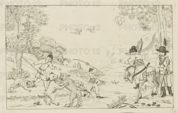 Landscape with dogs hunting a wild animal, Chinese hunting scenes, Newly invented Chinese, drawn with great difficulty and published, by P: Schenk Jun, third part, print, album page, ornamental print, Series number, 2, 12, A wild animal is being attacked by hunting dogs. Standing nearby is a man with a spear. On the right a horseman and a standing man with a rifle. Print is part of an album., printmaker: Pieter Schenk (II), Amsterdam, 1727 - 1775, paper, etching, height 162 mm x width 254 mm, landscapes in the temperate zone, Chinese, hunting, chase, A wide pen-and-ink landscape scene framed by a thin border shows trees with detailed leaves on both sides and low rolling hills in the background, with two birds flying in the sky above. In the left foreground a young man in traditional clothing holds a long pole and reaches toward a pack of dogs and three humanlike figures with fur engaged in a struggle on the ground, while another dog leaps nearby. Toward the center a small figure with a...