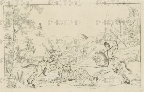 Landscape with a tiger hunt, Newly invented Chinese, drawn with great difficulty and published, by P: Schenk Jun, third part, Chinese hunting scenes, print, album page, ornamental print, Series number, 3, 12, Two Chinese men on horseback are hunting a tiger or panther. Print is part of an album., printmaker: Pieter Schenk (II), Amsterdam, 1727 - 1775, paper, etching, height 161 mm x width 255 mm, landscapes in the temperate zone, Chinese, hunting, chase, A detailed ink drawing shows a landscape with rolling hills, distant mountains, trees with clustered leaves, and a river or stream running through the scene. In the foreground two mounted figures face a large catlike animal that is rearing or lunging; one rider wears a tall rounded hat and raises a curved weapon while the other rider wears a broad brimmed hat and leans forward with a long pole. Horses are depicted with bridles and saddles, and the animal has pronounced stripes and an open mouth. Additional riders appear in the middle a...