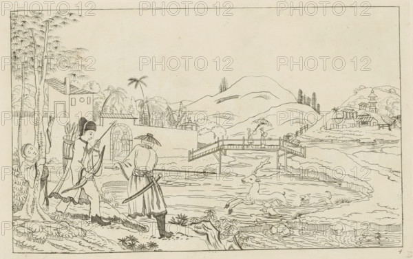 Chinese landscape with deer hunt, Chinese hunting scenes, Newly invented Chinese, drawn with great difficulty and published, by P: Schenk Jun, third part, print, album page, ornamental print, Series number, 4, 12, River landscape with a deer chased by hunting dogs. On the left bank a man with a spear and a man with a bow and arrow. Print is part of an album., printmaker: Pieter Schenk (II), Amsterdam, 1727 - 1775, paper, etching, height 167 mm x width 254 mm, landscapes in the temperate zone, Chinese, hunt, hoofed animals, A landscape drawing rendered in fine linework shows a riverside scene with rolling hills and clustered trees in the background, small buildings and a multi-tiered structure on a distant hill, and a wooden bridge spanning the water where two figures hold umbrellas. In the foreground three figures stand near the bank: one wearing a hat and carrying a sword and umbrella, another holding a bow with a quiver on the back and wearing a long robe, and a third partly hidden b...