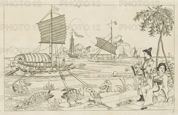 Chinese sailing ships in a bay and fish-eating waterbirds, Chinese hunting scenes, Newly invented Chinese, drawn with great difficulty and published, by P: Schenk Jun, third part, print, album page, ornamental print, Series number, 5, 12, Landscape with a sailing ship with oars on the water. In the foreground fish-eating waterbirds. On the right two figures under a palm tree. Print is part of an album., printmaker: Pieter Schenk (II), Amsterdam, 1727 - 1775, paper, etching, height 161 mm x width 255 mm, Chinese, sailing-ship, sailing-boat, water-birds, water course, A detailed line drawing shows a waterside scene with several boats on a calm body of water, including a large sailboat with a multi-panel sail and a covered cabin, smaller boats with angled sails and masts, and oars extending into the water; birds of various kinds appear on the shore and in the water, some wading, some swimming, and one catching a fish; two figures in patterned robes stand and sit beneath a tall palm tree w...