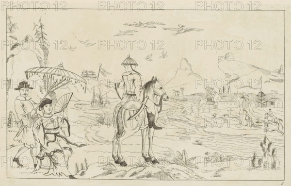 Rider and hunting scene in a Chinese landscape, Chinese hunting scenes, New invented Chinese, drawn with great difficulty and brought to light, by P: Schenk Jun, third part, print, album page, ornamental print, Series number, 6, 12, Landscape with a rider on the left and a figure with a fan under a parasol. A river flows through the landscape with a hunting scene on the opposite bank. Print is part of an album., printmaker: Pieter Schenk (II), Amsterdam, 1727 - 1775, paper, etching, height 162 mm x width 256 mm, Chinese, river, hunt, mammals, A monochrome line drawing shows a landscape with rolling ground, distant hills, and a body of water with small sailing boats. In the foreground a person wearing flowing robes and a conical hat sits astride a horse facing away, the horse shown in detail with visible mane and bridle. To the left a seated figure holds an open folding fan while another figure stands behind holding a large fringed umbrella over them; both wear period clothing and hats....