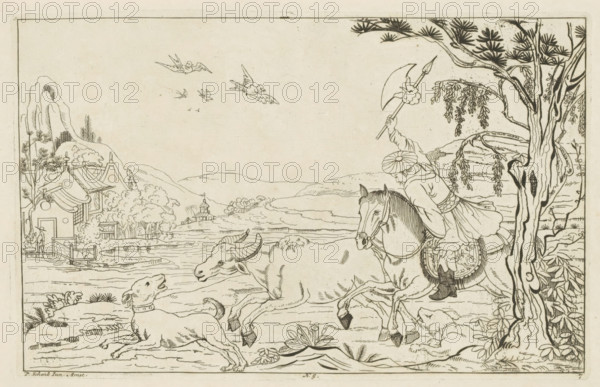 Chinese landscape with bull hunt, Newly invented Chinese, drawn with great difficulty and published, by P: Schenk Jun, third part, Chinese hunting scenes, print, album page, ornamental print, Series number, 7, 12, In a landscape, a man seated on a horse with an axe in his hand is hunting a bull. Numbered at the bottom center: 5. Print is part of an album., printmaker: Pieter Schenk (II), Amsterdam, 1727 - 1775, paper, etching, height 161 mm x width 252 mm, landscapes in the temperate zone, Chinese, hunt, mammals, A landscape scene rendered in fine linework shows a rider on a saddled horse raising a long pole tipped with a curved blade while wearing a turban and flowing garments; the horse moves forward with a visible bridle and decorative saddle. Nearby a large horned bovine lies on the ground and a dog with a collar is depicted in a reclining posture facing the bovine. In the background a cluster of buildings with curved roofs sits among trees and low hills, with a small towerlike str...