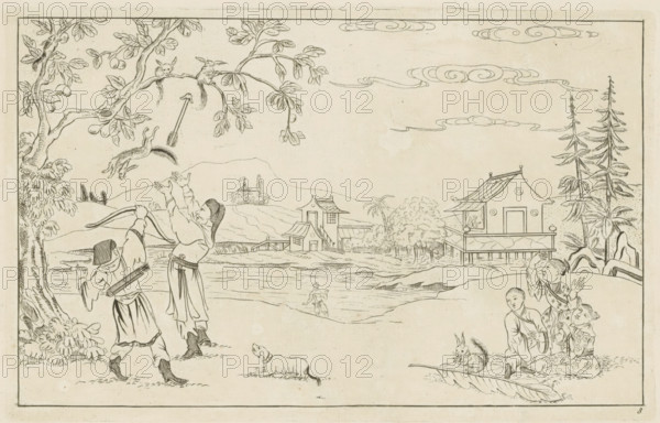 Chinese landscape with squirrel hunt, Chinese hunting scenes, New invented Chinese, drawn with great difficulty and published, by P: Schenk Jun, third part, print, album page, ornamental print, Series number, 8, 12, Chinese landscape with men hunting squirrels. Print is part of an album., printmaker: Pieter Schenk (II), Amsterdam, 1727 - 1775, paper, etching, height 162 mm x width 255 mm, landscapes in the temperate zone, Chinese, rodents: squirrel, hunt, mammals, A wide ink drawing shows a riverside scene with leafy trees framing the edges and stylized clouds in the sky; a branch extends from the left with small animals perched on it and another animal falling toward the ground; two standing figures near the left hold a bow and reach upward while a dog-like animal lies on the ground nearby; across the water there are low hills with clustered buildings including a pavilion on stilts and a house with a tiled roof, and a small figure stands on the far bank waving; on the right a group of...