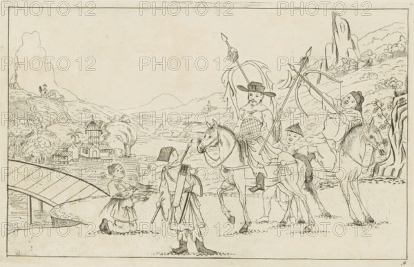 Hunters in a landscape, Chinese hunting scenes, Newly invented Chinese, drawn with great difficulty and brought to light, by P: Schenk Jun, third part, print, album page, ornamental print, Series number, 9, 12, Chinese landscape with a group of hunters. A wealthy gentleman sits on horseback with a spear in his hand. On the left, a kneeling figure with two birds. Print is part of an album., printmaker: Pieter Schenk (II), Amsterdam, 1727 - 1775, paper, etching, height 161 mm x width 255 mm, landscapes in the temperate zone, Chinese, hunter, A line drawing shows a landscape with rolling hills, rocky outcrops, clustered trees, and a building with a tower near a river. In the foreground a bridge spans water and a shoreline with vegetation curves around. Five human figures are arranged near two horses: one person sits on horseback holding a long staff with decorative elements and wears a wide-brimmed hat, another rides a second horse and pulls back on a bow, a third stands in front of the m...