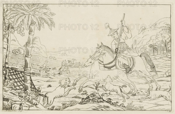 Hunt for a hoofed animal, Chinese hunting scenes, Newly invented Chinese, drawn with great difficulty and published, by P: Schenk Jun, third part, print, album page, ornamental print, Series number, 10, 12, Chinese landscape with a hunter hunting a hoofed animal, possibly a deer, with a spear and hunting dogs. Print is part of an album., printmaker: Pieter Schenk (II), Amsterdam, 1727 - 1775, paper, etching, height 163 mm x width 255 mm, landscapes in the temperate zone, Chinese, hoofed animals, hunt, mammals, A wide ink drawing shows a man in ornate clothing and a helmet riding a horse and holding a long spear while a second horse or stag-like animal rears nearby; two dogs leap toward the animals from the foreground while another dog lies on the ground; a tall tree with broad leaves and a rope netting is at the left edge and rolling hills, trees, and small buildings appear in the distant background; the scene is framed by a simple rectangular border.