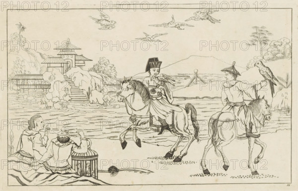 Hunting with birds of prey, Chinese hunting scenes, Newly invented Chinese, drawn with great difficulty and published, by P: Schenk Jun, third part, print, album page, ornamental print, Series number, 11, 12, Chinese landscape with two horsemen with a hunting or bird of prey on their hand. On the left two figures with a birdcage. Print is part of an album., printmaker: Pieter Schenk (II), Amsterdam, 1727 - 1775, paper, etching, height 161 mm x width 254 mm, landscapes in the temperate zone, Chinese, fowling, fowler, A detailed ink drawing shows a riverside scene with a multi-tiered pavilion set among rock formations and trees on the far bank, a stairway leading down to the water, and a distant mountain silhouette; several birds fly across the sky while two riders on saddled horses face each other near the water, one rider wearing a tall hat and holding a bird perched on the arm and the other wearing a conical hat with a bird perched on the hand; in the foreground two seated figures on ...