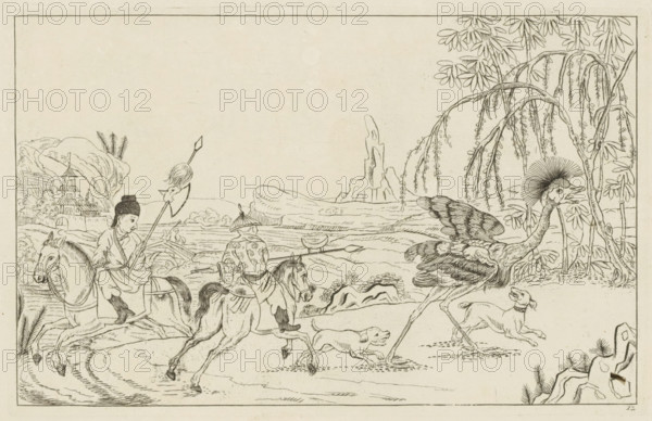 Landscape with ostrich hunt, Chinese hunting scenes, Newly invented Chinese, drawn with great difficulty and published, by P: Schenk Jun, third part, print, album page, ornamental print, Series number, 12, Chinese landscape with two horsemen hunting an ostrich with spears and hunting dogs. Print is part of an album., printmaker: Pieter Schenk (II), Amsterdam, 1727 - 1775, paper, etching, height 161 mm x width 254 mm, landscapes in the temperate zone, Chinese, game, hunted animals, walker and runner birds: ostrich, A detailed black and white line drawing shows two riders on horses moving from left toward center, each wearing distinctive headgear and traditional clothing, one holding a long pole with a tufted end and the other a spearlike weapon; two dogs run alongside them with one near the foreground and another slightly behind; a large bird with long legs, patterned wings, and a crest on its head walks to the right under drooping branches of a willow-like tree; the landscape includes ...