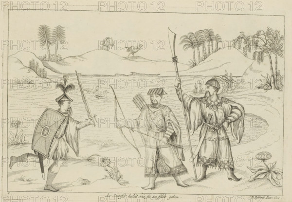 The Chinese custom as they go to the field, Three Chinese warriors in a landscape, Chinese customs, print, album page, ornamental print, Series number, 1, 12, Three Chinese warriors in a landscape. Print is part of an album., printmaker: Pieter Schenk (II), Amsterdam, Leipzig, 1727 - 1775, paper, etching, height 173 mm x width 253 mm, landscapes in the temperate zone, Chinese, weapons, A wide landscape drawing shows three standing men in period clothing near a body of water, each holding weapons and wearing distinctive headgear; the left figure holds a curved sword and a large rectangular shield with geometric decoration and has a tall feathered plume on his helmet, the central figure holds a bow and has a quiver of arrows on his back and a flat, angled hat, and the right figure holds a long pole weapon and wears flowing robes with patterned sleeves and a cap with a long braided beard. The background contains gently rolling hills, clusters of slender palm-like trees, and small plants a...