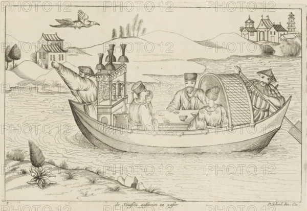Chinese people at a table on a boat, Der Sinesen gastereien zu wasser, Chinese customs, print, album page, ornamental print, Series number, 2, 12, Landscape with a boat, on which three Chinese figures are sitting at a table and drinking tea. Print is part of an album., printmaker: Pieter Schenk (II), Amsterdam, Leipzig, 1727 - 1775, paper, etching, height 172 mm x width 252 mm, landscapes in the temperate zone, Chinese, boat propelled by man or animal, tea-ceremony - CC - out of doors, A line drawing shows a boat on water with a curved hull and a lattice-covered canopy, containing four seated figures wearing traditional garments and hats seated around a small table with cups, while two oarsmen in distinctive hats and patterned sleeves stand at opposite ends of the boat holding long oars; decorative objects and vessels are arranged on a small ornate cabinet near the center of the boat. In the background there are gently rolling hills, a cluster of simple buildings with tiled roofs and a...