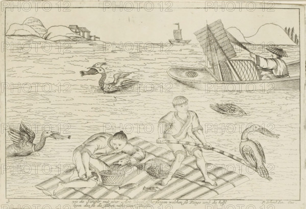 Catching fish with ringed birds, Wie die Sineser mit einer Art Vogel fishe fangen welchen sie Ringe umb die helse legen das sie die selben nicht unter schlucken, Chinese customs, print, album page, ornamental print, Series number, 3, 12, Water landscape with a Chinese custom, in which birds with rings around their necks catch fish. The fish are being taken from the beaks of the birds in the foreground. Print is part of an album., printmaker: Pieter Schenk (II), Amsterdam, Leipzig, 1727 - 1775, paper, etching, height 172 mm x width 251 mm, landscapes in the temperate zone, Chinese, commercial fishery, boat propelled by man or animal, A horizontal scene in a light monochrome drawing shows a body of water with gentle rippling lines, distant low hills and small structures along the far shore, and a small sailboat near the horizon. In the foreground two figures sit and kneel on a woven raft made of rounded logs; one figure holds a long pole and looks sideways while the other bends forward r...