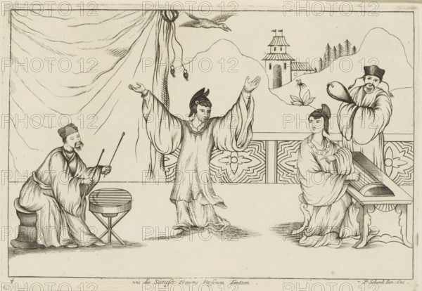 Musicians and dancing Chinese woman, Wie die Sieneser Frauens Personen tantzen, Chinese customs, print, album page, ornamental print, Series number, 4, 12, A Chinese woman dances to the music of musicians. Print is part of an album., printmaker: Pieter Schenk (II), Amsterdam, Leipzig, 1727 - 1775, paper, etching, height 173 mm x width 252 mm, Chinese, woman dancing alone, more than one musician with instrument, percussion instruments, A black and white line drawing shows a scene with four robed figures on a raised platform in front of patterned panels and a backdrop of hills and a small towered building; a draped curtain hangs on the left and a bird flies near the top center. At center a figure stands with arms raised, wearing flowing sleeves and a headpiece, facing slightly right. On the left a seated figure in a robe and cap holds two thin sticks above a low round drum on a tripod. On the right a seated woman in layered garments and a decorative necklace sits at a table with a long c...