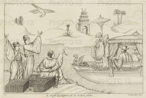 The Chinese desire, Ship after the wedding, Boat trip after a Chinese marriage, Chinese customs, print, album page, ornamental print, Series number, 5, 12, After a marriage has been concluded, a boat trip is taken on a ship. The bride stands on the ship under a parasol. On the shore three figures, two of whom hold a crescent moon. Print is part of an album., printmaker: Pieter Schenk (II), Amsterdam, Leipzig, 1727 - 1775, paper, etching, height 173 mm x width 254 mm, Chinese, (civil) marriage ceremonies, ships (in general), A shoreline scene rendered in fine line engraving shows figures in flowing robes and ornate headwear gathered near boats on calm rippled water, with one seated figure holding a pitcher and others raising their arms, a small boat nearby contains a dragon-headed figurehead and people standing and seated under a canopy, two palm trees and a pavilion-like tower rise on distant hills, a bird flies overhead, and decorative braided nets and patterned boxes appear in the fo...