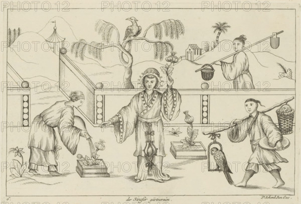 The Chinese Gardening, Chinese Gardeners, Chinese customs, print, album page, ornamental print, Series number, 6, 12, View of a garden with Chinese gardeners. In the center a standing woman with a flower in her hand. Print is part of an album., printmaker: Pieter Schenk (II), Amsterdam, Leipzig, 1727 - 1775, paper, etching, height 171 mm x width 252 mm, Chinese, gardening, A black and white line drawing shows five figures in traditional clothing arranged across a garden scene with a low railing and mountainous background; a central figure stands facing forward wearing a long robe with wide sleeves and a decorated headdress while holding a flowering stem, a figure to the left leans forward as if tending a potted plant, a figure to the right carries a pole with a basket and a shaded object suspended from its end and looks over a shoulder, another figure at right walks carrying a pole across a shoulder with a woven basket and a round tray, and a bird perches on a branch of a tree that ris...
