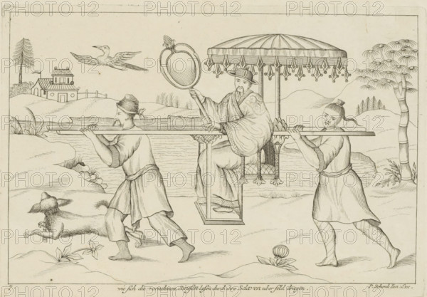 Chinese man in sedan chair, Wie sich die vornehmen Sinesen lasen durch ihre Sclaven uber feld dragen, Chinese gentleman in a sedan chair (former title), Chinese customs, print, album page, ornamental print, Series number, 7, 12, A prominent Chinese man is carried in a sedan chair by enslaved servants. Print is part of an album., printmaker: Pieter Schenk (II), Amsterdam, Leipzig, 1727 - 1775, paper, etching, height 175 mm x width 255 mm, slavery, serfs and enslaved persons, Chinese, (carrying a person in a) sedan-chair, A line drawing shows a robed figure seated in an ornate covered chair carried on poles by two attendants, one at the front and one at the back, both wearing simple garments and hats; the seated figure holds a large hand mirror and wears a brimmed hat and patterned sleeves beneath a fringed canopy; a bird is depicted flying near the top and a small building with a flag appears on a distant hill; a tree with rounded foliage stands on the right and a tall slender tree on t...