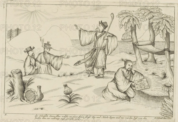 Chinese stargazers, Der Sinesen Stern Seher welche an einer freien Strase Tag und Nacht liggen und nur warden biss von den leuden ihm zur nahrung wass gereicht wird, Chinese customs, print, album page, ornamental print, Series number, 8, 12, Chinese stargazers sit and stand in a landscape and study the stars day and night. They live off what other people bring in terms of food and drink. On the right, a hammock between trees. Print is part of an album., printmaker: Pieter Schenk (II), Amsterdam, Leipzig, 1727 - 1775, paper, etching, height 172 mm x width 253 mm, landscapes in the temperate zone, Chinese, astrology, A pen-and-ink scene shows several robed figures in an outdoor landscape by the water, with one standing man holding a long staff and gesturing upward while wearing flowing robes and a hat, two other robed men standing nearby with one extending an arm toward the gesturing figure, and a seated robed man in the foreground holding a rectangular object and resting his head on his...
