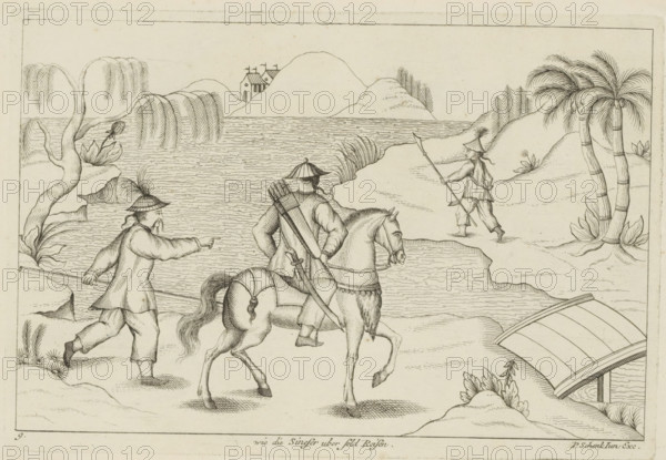 Chinese travelers, Wie die Sineser uber feld Reisen, Chinese customs, print, album page, ornamental print, Series number, 9, 12, Landscape with three Chinese travelers. Two go on foot, one travels on horseback. Print is part of an album., printmaker: Pieter Schenk (II), Amsterdam, Leipzig, 1727 - 1775, paper, etching, height 172 mm x width 253 mm, landscapes in the temperate zone, Chinese, riding a horse, ass, or mule, rider, horseman, 'en route', traveller under way, A monochrome line drawing shows a shoreline scene with water stretching across the middle ground and hills rising behind it, a small building visible among the hills. In the foreground three figures are present: one walking and pointing while holding a long pole, another mounted on a horse wearing a conical hat and carrying a quiver and sword, and a third standing on the opposite bank holding a long spear. Vegetation includes drooping willow-like trees and large-leaf plants on the left, tall grasses near the water, and cl...