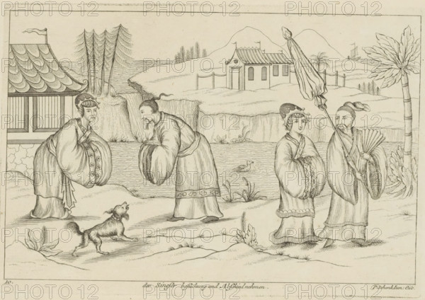 Landscape with Chinese people meeting and greeting each other, Der Sineser besuchung und Abschied nehmen, Chinese customs, print, album page, ornamental print, Series number, 10, 12, Landscape with a Chinese woman and man greeting each other and setting off together. Print is part of an album., printmaker: Pieter Schenk (II), Amsterdam, Leipzig, 1727 - 1775, paper, etching, height 173 mm x width 253 mm, landscapes in the temperate zone, Chinese, saluting, meeting, A monochrome line drawing shows four robed figures standing on a shoreline with stylized hills and water in the background; two of the figures wear ornate headdresses and bulbous sleeves, one holds a long pole with a draped cloth, and another holds a folding fan while facing the pole-bearer; a small dog with an open mouth stands on the ground nearby; behind the figures are a pavilion with a tiled roof, clusters of tall thin trees, a small building on a distant hill, a palm-like tree, and a distant sailing boat on the water; d...