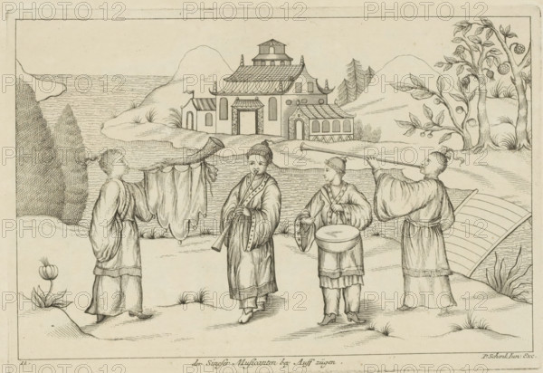 The Chinese musicians pulling out, Landscape with four Chinese musicians, Chinese customs, print, album page, ornamental print, Series number, 11, 12, Landscape with four Chinese musicians. The musician on the left is blowing a horn. Furthermore, flutes and percussion instruments are being played. Print is part of an album., printmaker: Pieter Schenk (II), Amsterdam, Leipzig, 1727 - 1775, paper, etching, height 173 mm x width 253 mm, landscapes in the temperate zone, Chinese, more than one musician with instrument, A line drawing shows four figures standing on a shoreline, each wearing long flowing garments and traditional hairstyles, with two figures holding long wind instruments and one holding a small drum and sticks while another holds a decorative cloth and a curved horn-like object; behind them a body of water meets a landscape of rolling hills with a multi-tiered building featuring ornate roofs and arched doorways, and trees with visible fruit and leaves stand on the right while...