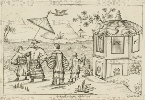 Landscape with Chinese bird sellers, Der Sineser verkauffung Allerhand Vogel, Chinese customs, print, album page, ornamental print, Series number, 12, Landscape with Chinese bird sellers by a birdcage. Print is part of an album., printmaker: Pieter Schenk (II), Amsterdam, Leipzig, 1727 - 1775, paper, etching, height 173 mm x width 255 mm, birds, landscapes in the temperate zone, Chinese, A line drawing shows a waterfront scene with distant rounded hills and a small pavilion near the water, a large umbrella held by a standing man, and a bird flying above; three figures face the water with their backs or sides visible, wearing patterned robes and hats, one holding a pole and another with a bird perched on an arm; nearby a figure with a beard and distinctive clothing stands facing forward under the umbrella; rippling water contains a few swimming birds; to the right a multi-sided ornate pavilion with a domed roof and vertical panels contains perched birds visible through openings, and flo...