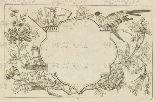 Cartouche surrounded by Chinese motifs, flowers and birds, Chinese flowers and birds, print, album page, ornamental print, Series number, 1, 6, Empty cartouche surrounded by Chinese motifs: a fan, a cup or holder with drawing implements, flowers and birds. Numbered at the bottom center: 4. Print is part of an album., printmaker: Pieter Schenk (II), Amsterdam, 1727 - 1775, paper, etching, height 162 mm x width 255 mm, flowers, ornament, cartouche, birds, Chinese, fan, A rectangular decorative frame encloses an empty central cartouche with a scalloped outline, flanked by detailed botanical drawings of flowering branches and large layered blossoms with veined leaves; a perched bird with patterned feathers and long tail rests on a branch at the top right, while a fan with small human figures and a landscape motif peeks above the left edge of the cartouche; a decorative container holding slender objects and adorned with pictorial ornament sits near the lower left, and twisted roots or vines...
