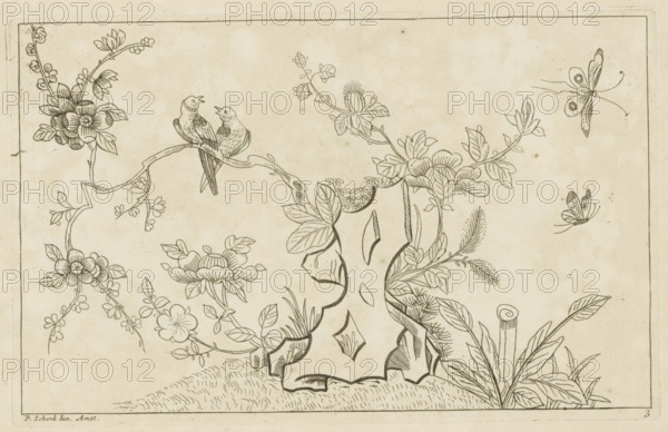 Blossom tree with birds and butterflies, Chinese flowers and birds, print, album page, ornamental print, Series number, 3, 6, Stylized rock with a blossoming tree behind it. Two birds sit on a branch. Two butterflies in the air. Print is part of an album., printmaker: Pieter Schenk (II), Amsterdam, 1727 - 1775, paper, etching, height 162 mm x width 254 mm, flowers, birds, Chinese, insects: butterfly, trees (flowers, blossom, blossoming), A bordered illustration showing a pair of birds perched on a curving branch surrounded by flowering vines and leaves, with stylized blossoms and buds scattered along the stems; decorative leaves and foliage rise from the ground and frame a central rock-like formation with carved openings, while two butterflies hover to the right; the line drawing is rendered in thin dark lines on a light, slightly aged background.