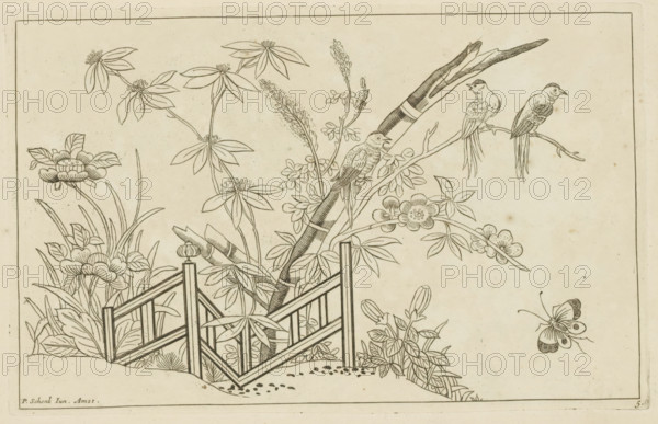 Three birds in a blossoming tree, Chinese flowers and birds, print, album page, ornamental print, Series number, 5, 6, Three birds in a blossoming tree. At the foot of the tree a fence. On the right a butterfly. Print is part of an album., printmaker: Pieter Schenk (II), Amsterdam, 1727 - 1775, paper, etching, height 163 mm x width 255 mm, flowers, birds, Chinese, insects: butterfly, trees (flowers, blossom, blossoming), A line drawing shows a garden scene with a wooden fence segment in the foreground surrounded by various plants and leaves, a bamboo-like stalk rising behind the fence, flowering branches with rounded and elongated petals, and a slender branch extending horizontally where three small birds with long tail feathers perch; one bird sits lower on the bamboo stalk with its beak open. A butterfly with patterned wings is depicted near the lower right. The composition is set within a rectangular border on a light, slightly speckled background.