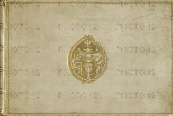 Album with architectural prints by the Van Doetechum brothers, based on designs by Vredeman de Vries and Jacques Androuet, print album, Album with 146 engravings on 146 album pages. The album contains six print series on architecture, column orders, and Roman ruins. Parchment binding with a coat of arms stamped in gold on the book covers. The coat of arms, an eagle with outstretched wings in front of a tree, is probably that of a member of the de Méan family in Liège. Three blank pages in the front and four blank pages in the back, inscription: 'No 304: C', printmaker: Johannes of Lucas van Doetechum, printmaker: Jacques Androuet, after design by Hans Vredeman de Vries, after design by Léonard Thiry, after print by Hieronymus Cock, publisher: Theodoor Galle, Antwerp, 1540 - 1601, Hieronymus Cock, after print by, biological material, parchment (animal material), paper, binding, blocking, color cut, etching, album with parchment binding with gold stamps in gold leaf, bound etchings, red ...