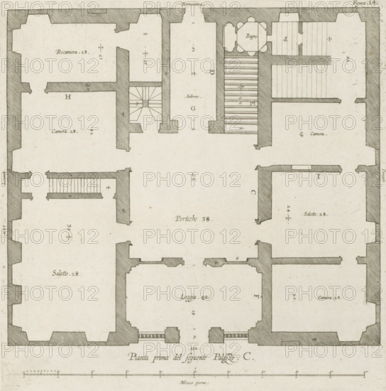 Pianta prima del seguente Palazzo. C., Floor plan of the ground floor of the Villa Spinola di San Pietro in Genoa, print, album page, This print is part of an album., printmaker: Nicolaes Ryckmans, Antwerp, publisher: Peter Paul Rubens, provider of privilege: Spanish crown, 1622, paper, engraving, height 253 mm x width 249 mm, height 583 mm x width 435 mm, plan, architecture, hôtel, ie small palace in city - AA - civic architecture: inside, Genoa, Villa Spinola di San Pietro, A monochrome architectural floor plan showing rooms outlined by thick shaded walls, doorways, and interior partitions, with areas containing staircases and narrow corridors, rectangular and irregular room shapes, and patterned hatch marks indicating different floor or wall sections; small decorative elements appear at some wall ends, and light ink markings and thin guide lines are visible across the paper, which has a slightly aged, speckled texture.