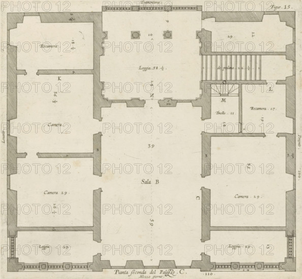 Pianta seconda del Palazzo. C., Floor plan of the first floor of the Villa Spinola di San Pietro in Genoa, print, album page, This print is part of an album., printmaker: Nicolaes Ryckmans, Antwerp, publisher: Peter Paul Rubens, provider of privilege: Spanish crown, 1622, paper, engraving, height 235 mm x width 252 mm, height 583 mm x width 435 mm, plan, architecture, hôtel, ie small palace in city - AA - civic architecture: inside, Genoa, Villa Spinola di San Pietro, A monochrome architectural floor plan showing rooms outlined with thick hatched walls and thinner interior lines, featuring rectangular and irregularly shaped chambers arranged symmetrically around a large central hall, staircases with parallel steps, small square columns or pilasters along outer edges, patterned border details along lower edges, and scattered small circular and square markers.