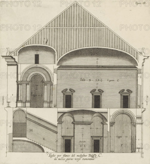 Taglio per fianco del medesimo Palazzo. C., da mezzo giorno verso tramontana., Longitudinal section of the Villa Spinola di San Pietro in Genoa, print, album page, This print is part of an album., printmaker: Nicolaes Ryckmans, Antwerp, publisher: Peter Paul Rubens, provider of privilege: Spanish crown, 1622, paper, engraving, gravure, height 267 mm x width 245 mm, height 583 mm x width 435 mm, section, architectural design or model, hôtel, ie small palace in city - AA - civic architecture: inside, Genoa, Villa Spinola di San Pietro, A detailed architectural drawing showing a cross section of a building with arches, vaulted ceilings, columns, staircases, and ornamental window and door surrounds, rendered in fine ink lines and shading on a pale background.