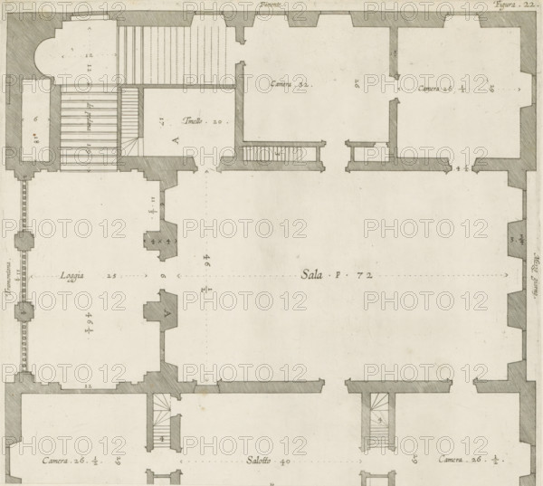 Floor plan of the first floor of the Villa Grimaldi in Genoa, print, album page, This print is part of an album., printmaker: Nicolaes Ryckmans, Antwerp, publisher: Peter Paul Rubens, grantor of privilege: Spanish crown, 1622, paper, engraving, height 243 mm, width 268 mm, height 583 mm x width 435 mm, plan, architecture, hotel, i.e. small palace in city - AA - civic architecture: inside, Genoa, Villa Grimaldi, Aged architectural floor plan drawn in black ink on a pale background showing thick hatched exterior walls and thinner interior partition lines, with multiple rectangular and irregular rooms, staircases depicted with parallel lines and small landings, shaded corner buttresses and pilaster-like projections, dotted and dashed guide lines across large open spaces, small rectangular hatch-marked sections indicating steps, and sparse handwritten labels and short notations in a cursive script placed within several rooms.