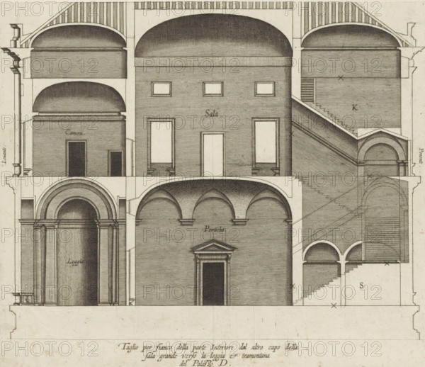 Taglio per fianco della parte interiore dal altro capo della, sala grande verso la loggia et tramontana, del Palazzo. D, Longitudinal section of the villa Grimaldi in Genoa, print, album page, This print is part of an album., printmaker: Nicolaes Ryckmans, Antwerp, publisher: Peter Paul Rubens, provider of privilege: Spanish crown, 1622, paper, engraving, height 312 mm x width 282 mm, height 583 mm x width 435 mm, section, architectural design or model, hôtel, ie small palace in city - AA - civic architecture: inside, Genoa, Villa Grimaldi, The image shows a detailed architectural drawing in sepia tones depicting a cross section of a classical building with vaulted ceilings, arches, staircases, and columned portals. The composition includes large rounded vaults at the top, rectangular rooms with framed openings, a series of arches forming a loggia, and a prominent tall arched entrance flanked by pilasters. Parallel hatch shading defines surfaces and curvature, and thin lined details in...