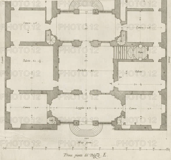 Great pianta del Palazzo. E, Floor plan of the ground floor of the villa Pallavicino delle Peschiere in Genoa, print, album page, This print is part of an album., printmaker: Nicolaes Ryckmans, Antwerp, publisher: Peter Paul Rubens, provider of privilege: Spanish crown, 1622, paper, engraving, height 280 mm x width 256 mm, height 583 mm x width 435 mm, plan, architecture, hôtel, ie small palace in city - AA - civic architecture: inside, Genoa, Villa Pallavicino delle Peschiere, A detailed architectural floor plan rendered in fine lines on aged paper showing symmetrical room layouts with thick shaded wall sections, large rectangular and curved rooms, staircases including circular spiral stairs, a central vaulted or open area with stepped semicircular elements, various door and window openings indicated by breaks in the walls, hatched shading to denote solid structures, faint measurement lines and dashed centerlines, decorative small circular details in one area suggesting fixtures, and ...